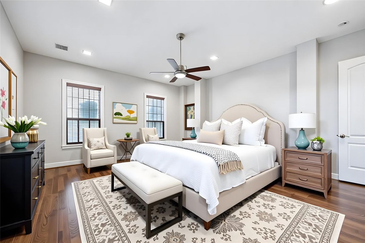 Bedroom, Interior, Recessed Lighting, Wood Texture Flooring