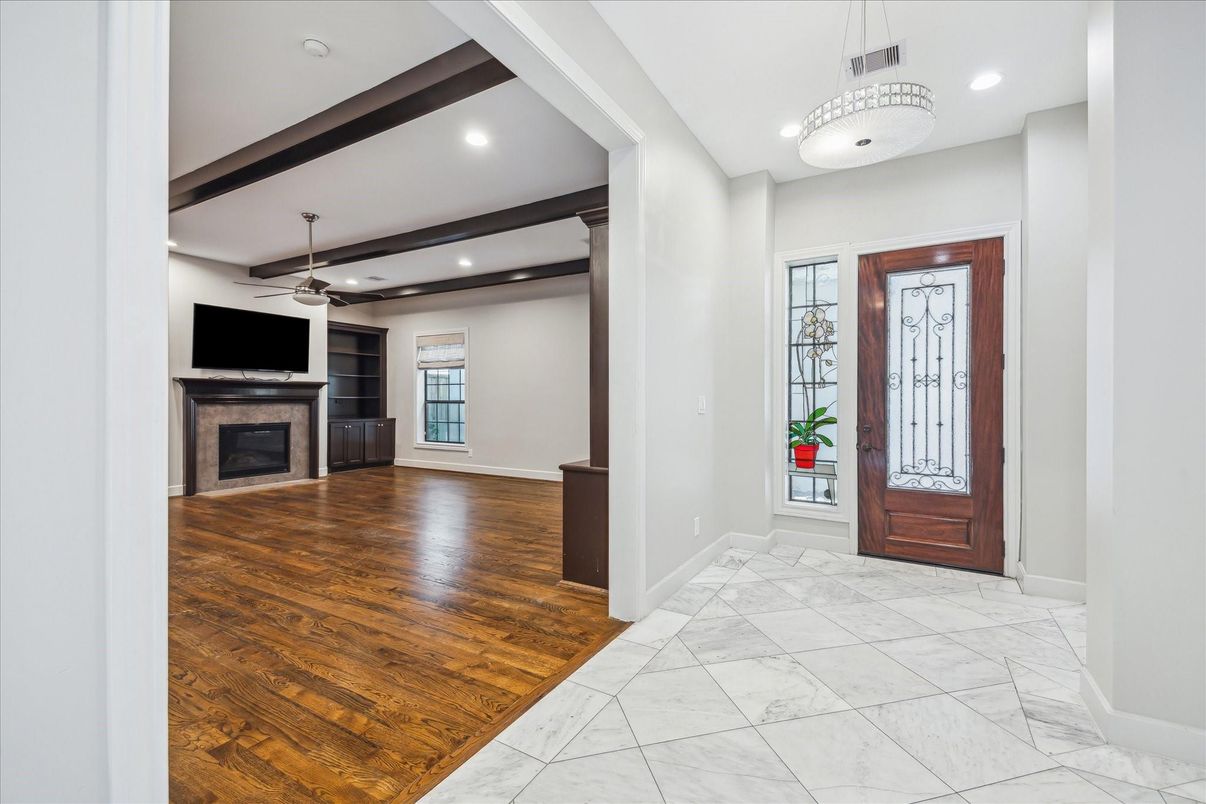 Fireplace, Interior, Marble, Pendant Lights, Recessed Lighting, Wood Texture Flooring