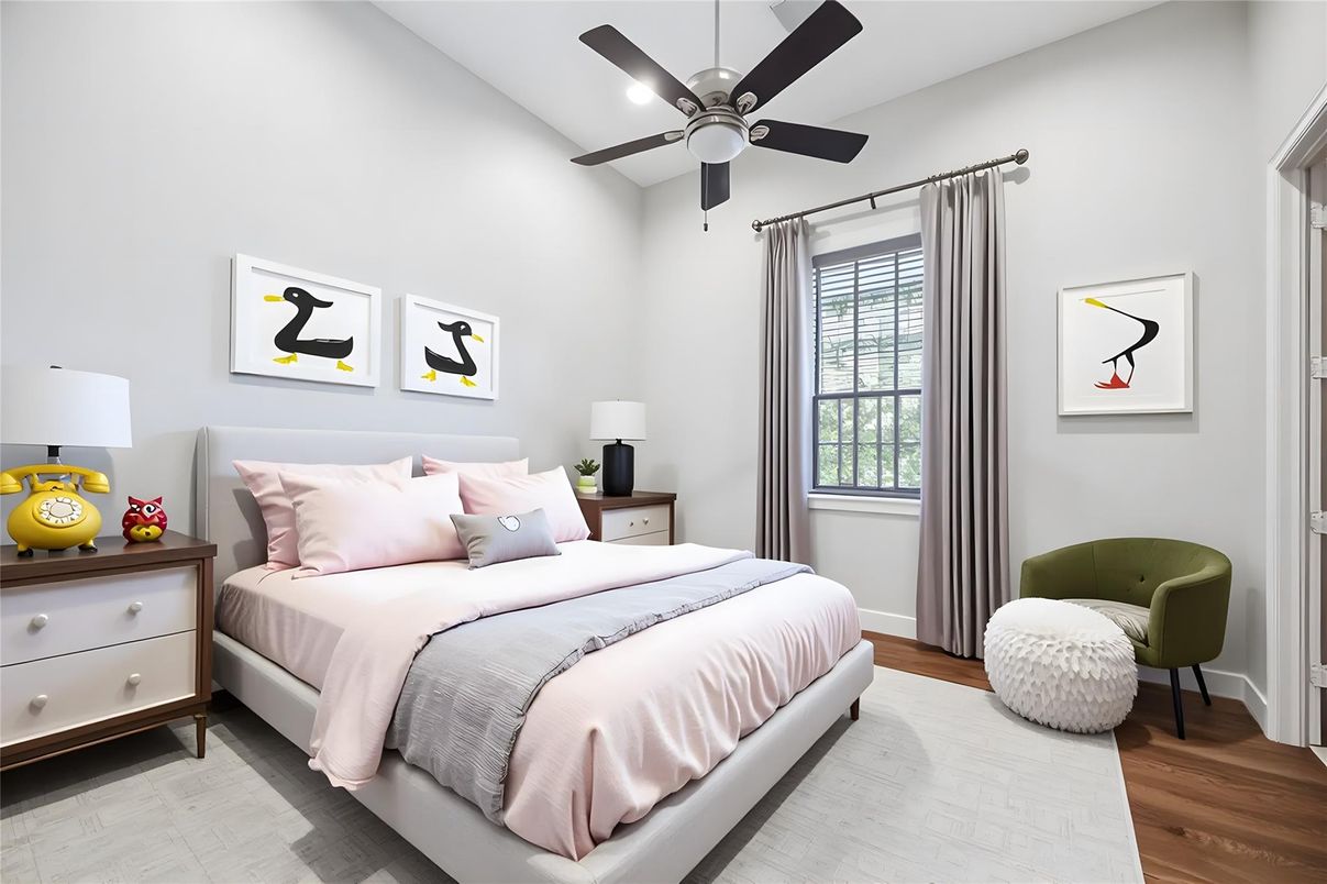 Bedroom, Interior, Recessed Lighting, Wood Texture Flooring