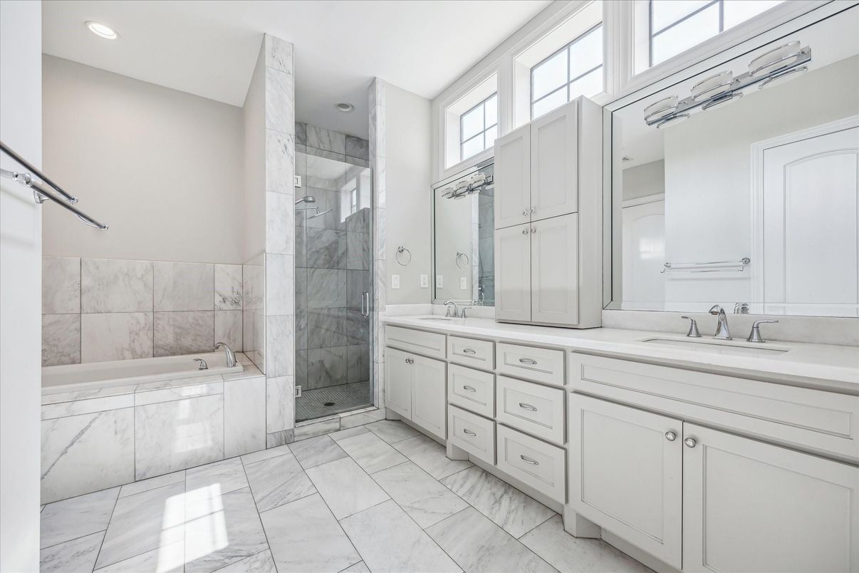 Bathroom, Dual Sink Vanities, Glass Shower, Interior, Marble, Marble Walls, Recessed Lighting