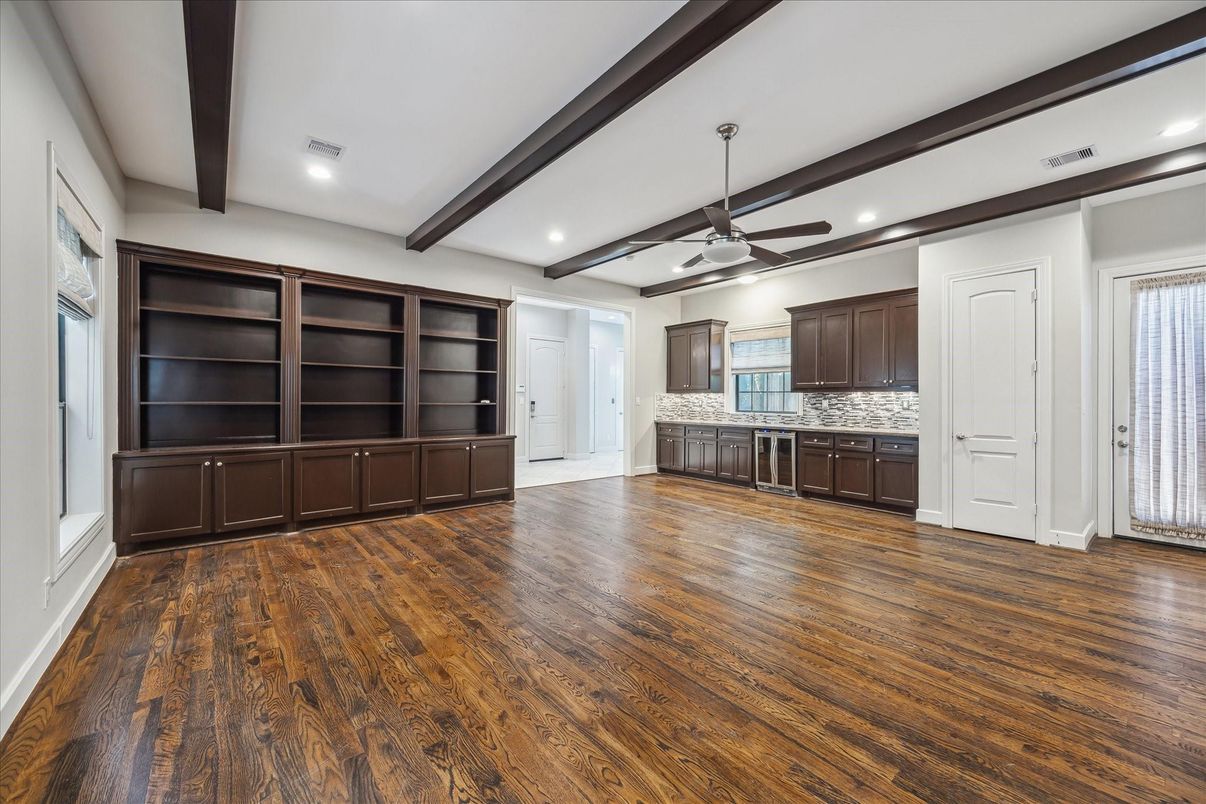 Empty room, Interior, Kitchen, Recessed Lighting, Wooden Beams, Wood Texture Flooring