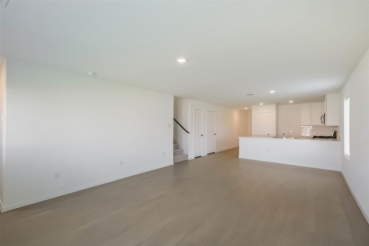 Empty room, Interior, Kitchen, Recessed Lighting, Wood Texture Flooring