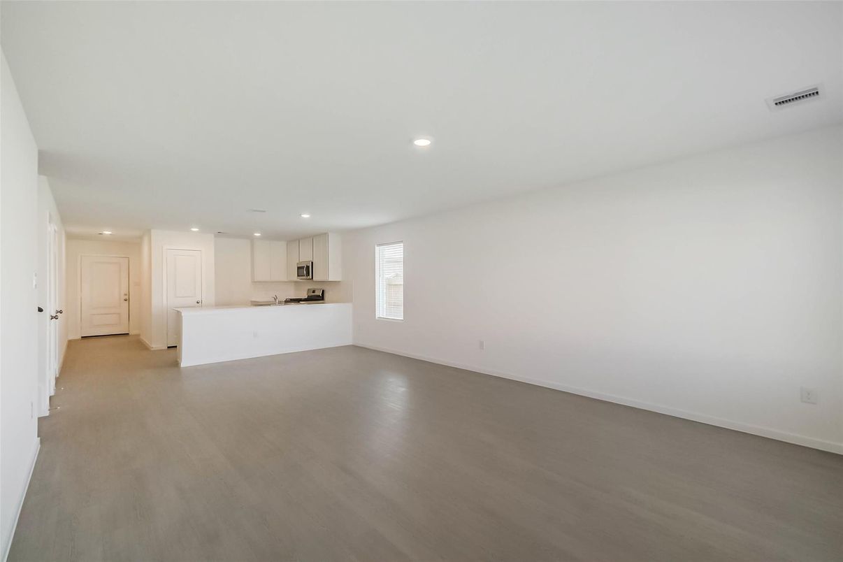 Empty room, Interior, Kitchen, Recessed Lighting, Wood Texture Flooring