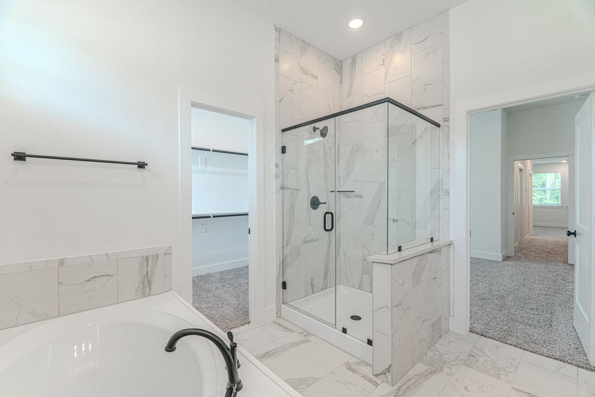 Bathroom, Dual Sink Vanities, Glass Shower, Interior, Marble, Marble Walls, Recessed Lighting