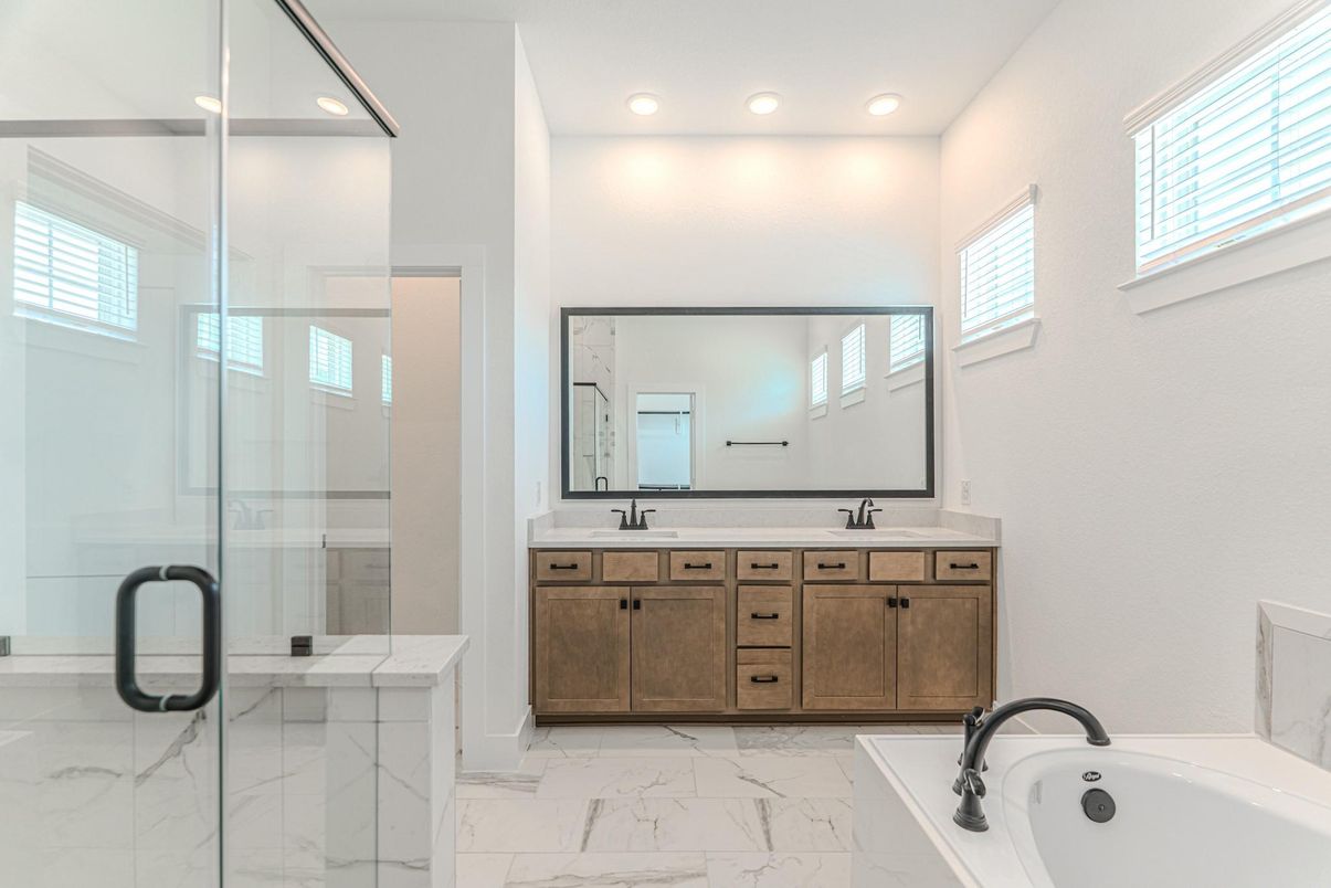 Bathroom, Dual Sink Vanities, Glass Shower, Interior, Marble, Recessed Lighting
