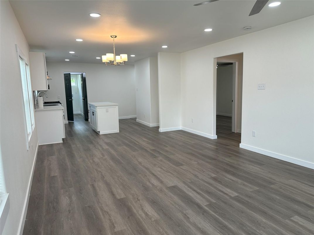 Chandelier, Empty room, Interior, Recessed Lighting, Wood Texture Flooring