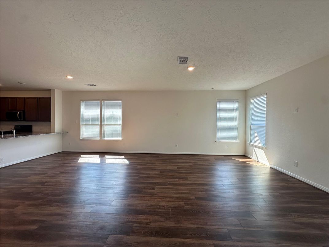 Empty room, Interior, Kitchen, Recessed Lighting, Wood Texture Flooring