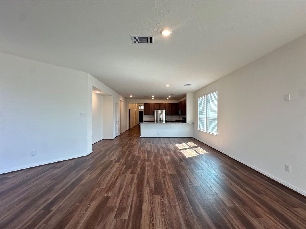 Empty room, Interior, Kitchen, Recessed Lighting, Wood Texture Flooring