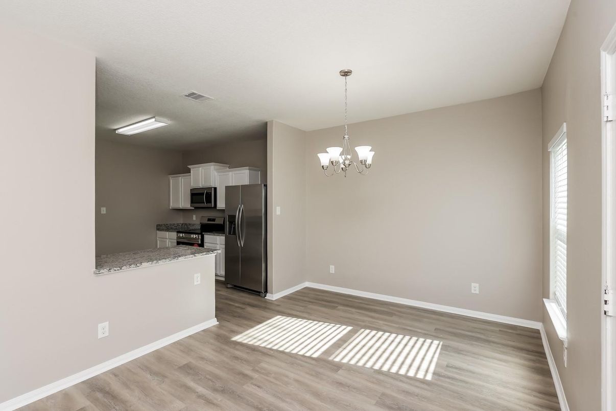 Chandelier, Empty room, Interior, Kitchen, Stainless Steel Appliances, Wood Texture Flooring