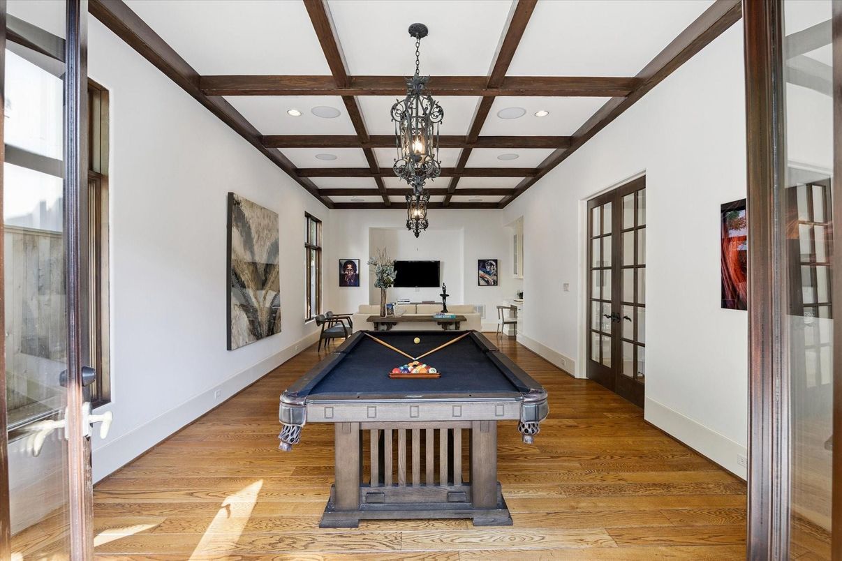 Billiard Table, Chandelier, Game Room, Interior, Recessed Lighting, Wooden Beams, Wood Texture Flooring