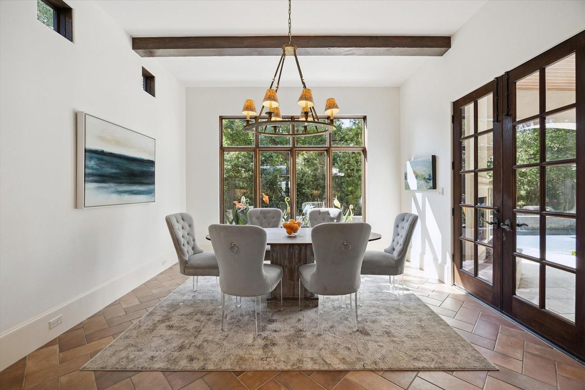 Chandelier, Dining room, Interior, Wooden Beams