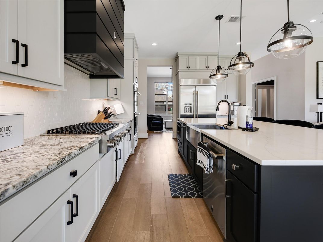Interior, Kitchen, Pendant Lights, Recessed Lighting, Stainless Steel Appliances, Wood Texture Flooring