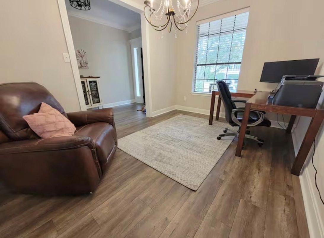 Chandelier, Home Office, Interior, Wood Texture Flooring