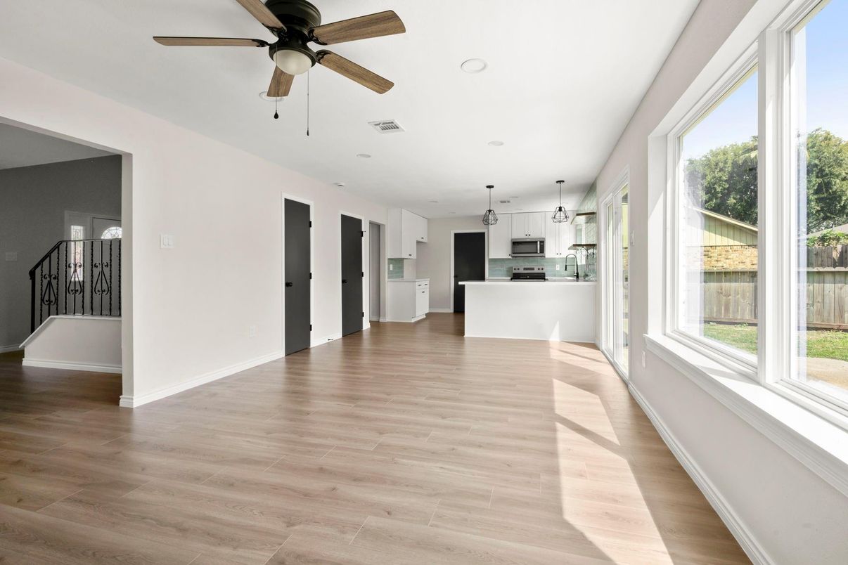 Empty room, Interior, Kitchen, Pendant Lights, Recessed Lighting, Wood Texture Flooring