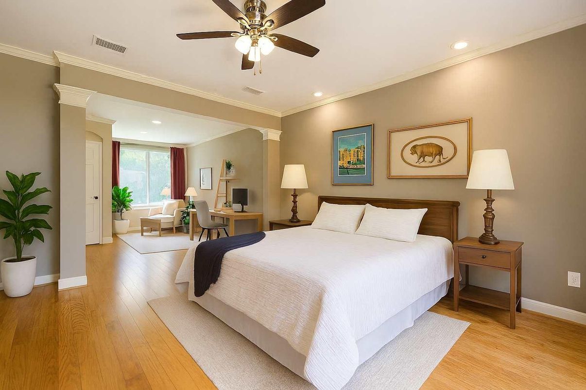 Bedroom, Interior, Recessed Lighting, Wood Texture Flooring