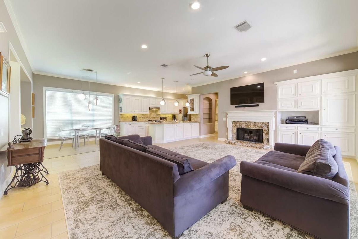 Dining room, Fireplace, Interior, Kitchen, Living room, Pendant Lights, Recessed Lighting