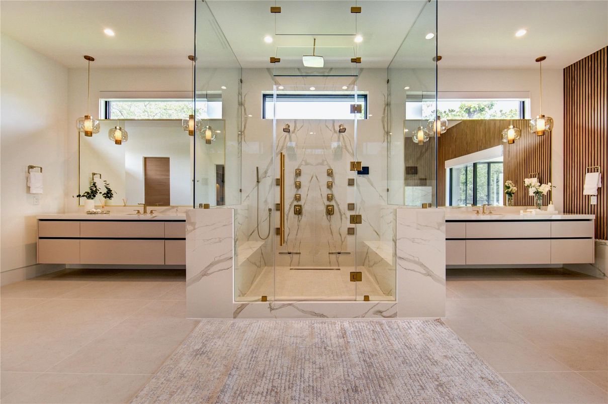 Bathroom, Dual Sink Vanities, Glass Shower, Interior, Pendant Lights, Recessed Lighting