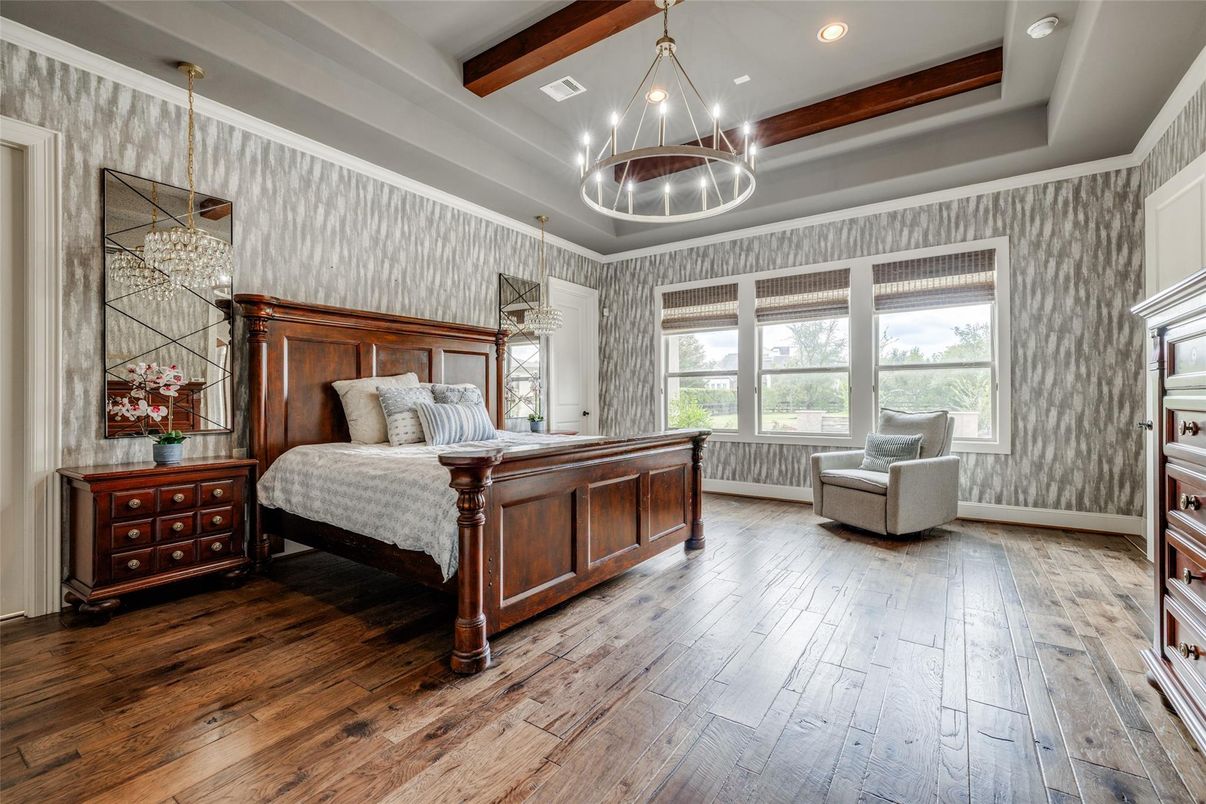 Bedroom, Interior, Pendant Lights, Recessed Lighting, Wooden Beams, Wood Texture Flooring