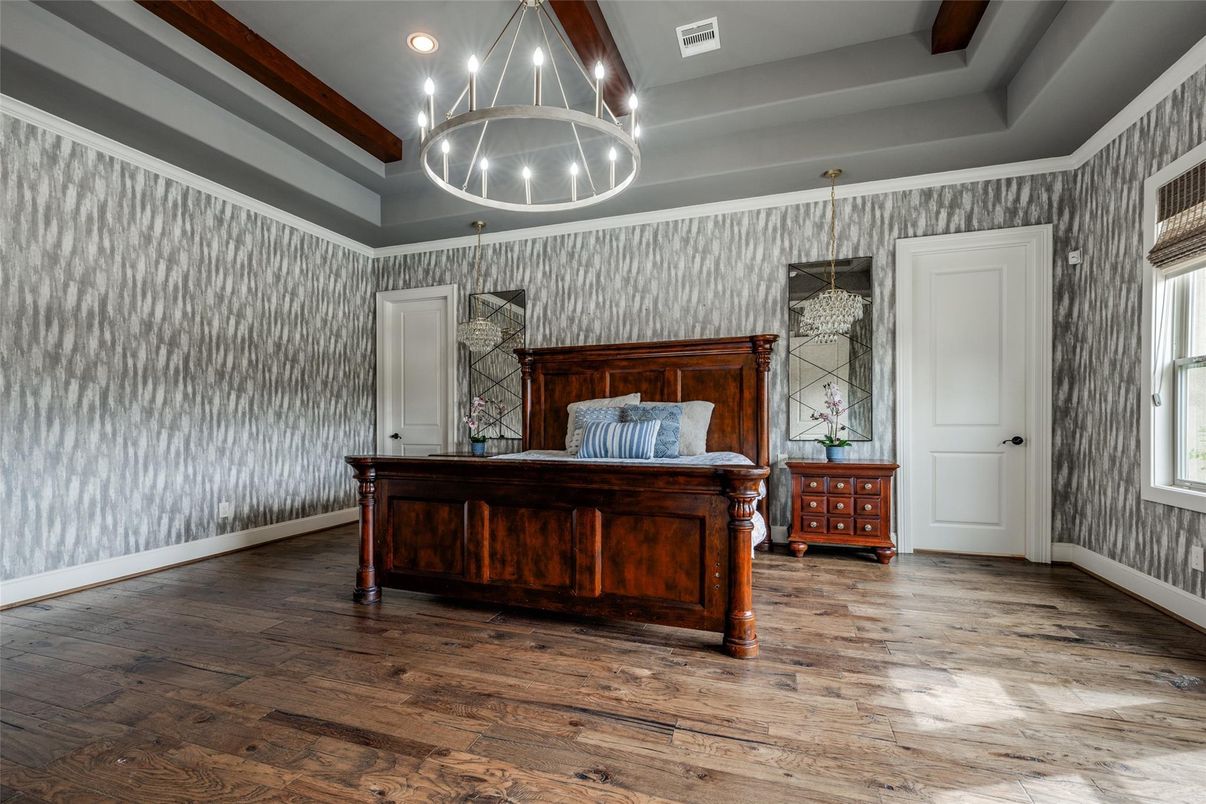 Bedroom, Chandelier, Interior, Pendant Lights, Recessed Lighting, Wood Texture Flooring