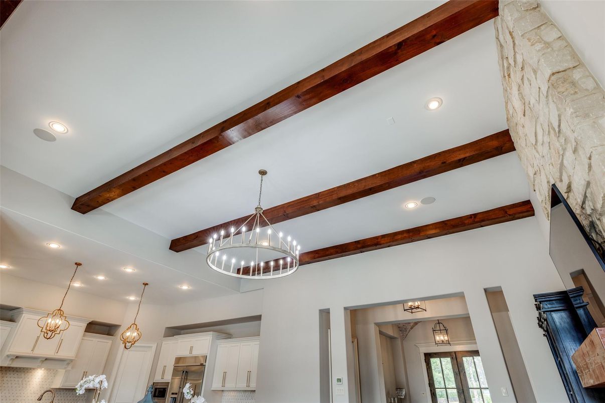 Chandelier, Interior, Pendant Lights, Recessed Lighting, Wooden Beams