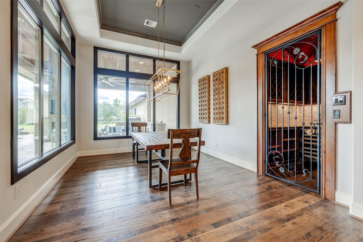 Dining room, Interior, Pendant Lights, Wood Texture Flooring