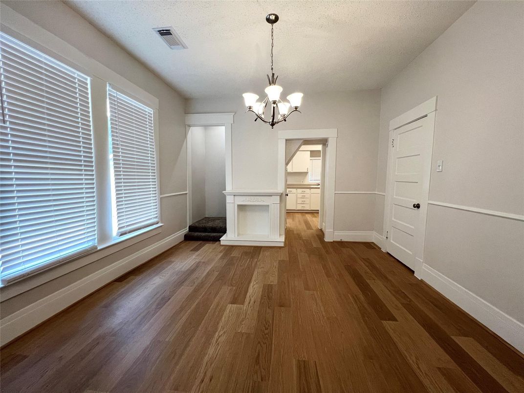 Chandelier, Empty room, Fireplace, Interior, Wood Texture Flooring