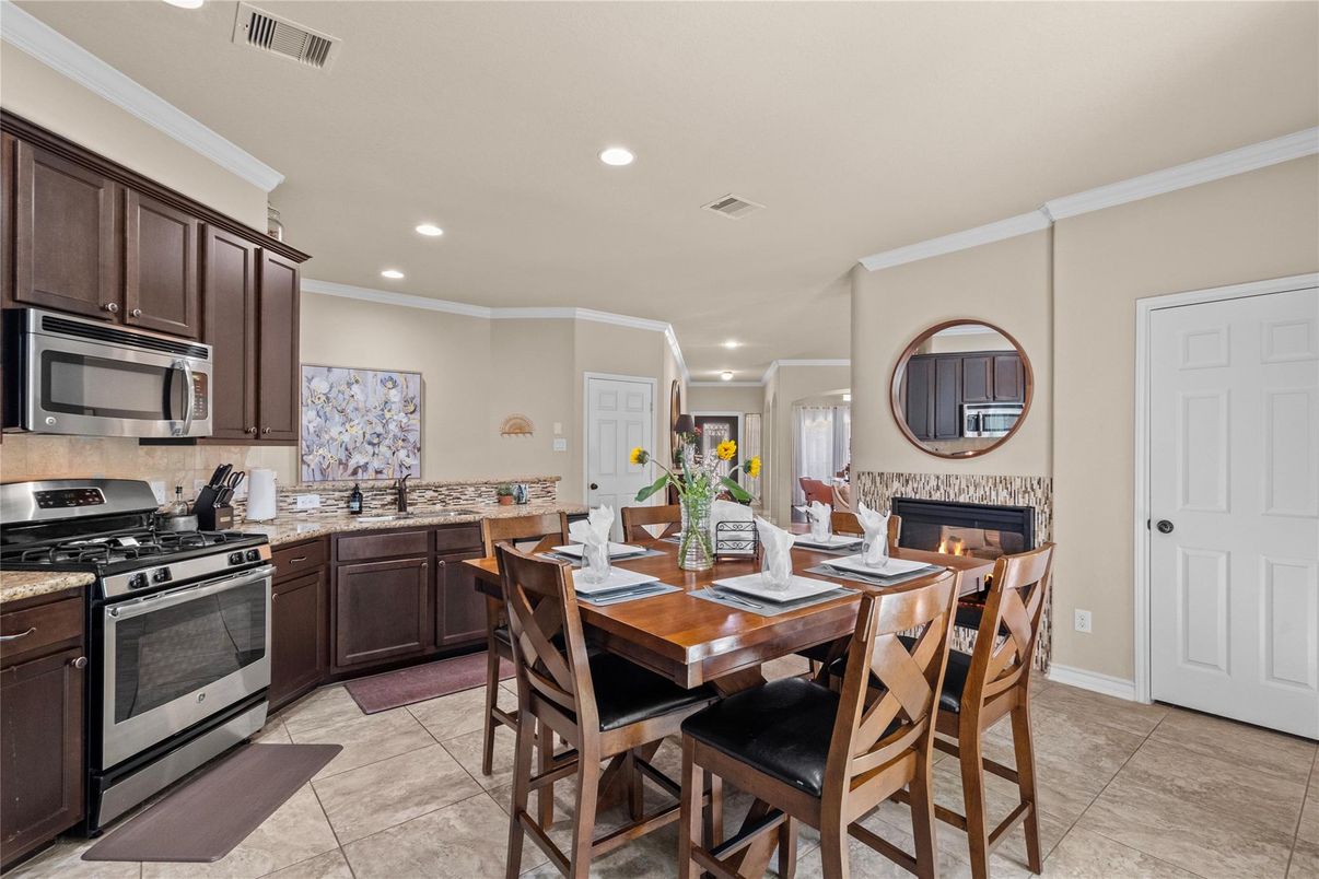 Dining room, Fireplace, Interior, Kitchen, Recessed Lighting