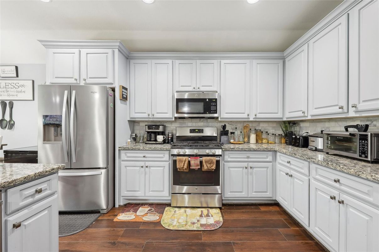 Interior, Kitchen, Recessed Lighting, Stainless Steel Appliances, Wood Texture Flooring