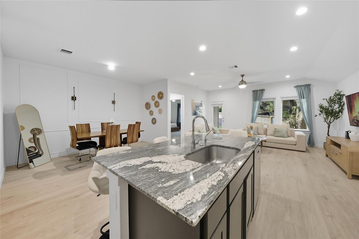 Dining room, Interior, Kitchen, Living room, Recessed Lighting, Wood Texture Flooring