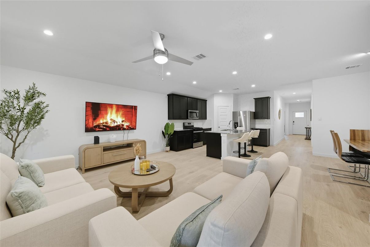 Interior, Kitchen, Living room, Recessed Lighting, Stainless Steel Appliances, Wood Texture Flooring