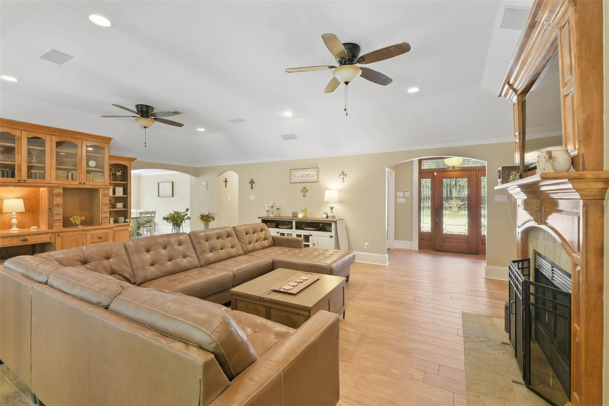 Fireplace, Interior, Living room, Recessed Lighting, Wood Texture Flooring