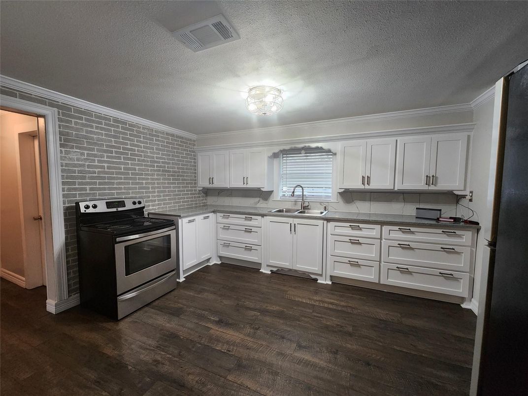 Interior, Kitchen, Stainless Steel Appliances, Stone Walls, Wood Texture Flooring