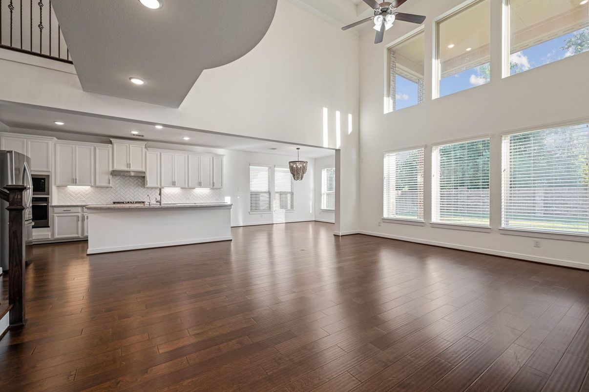 Chandelier, Interior, Kitchen, Pendant Lights, Recessed Lighting, Stainless Steel Appliances, Wood Texture Flooring