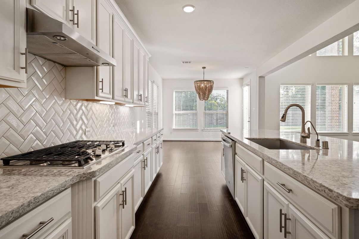 Chandelier, Interior, Kitchen, Pendant Lights, Recessed Lighting, Stainless Steel Appliances, Wood Texture Flooring
