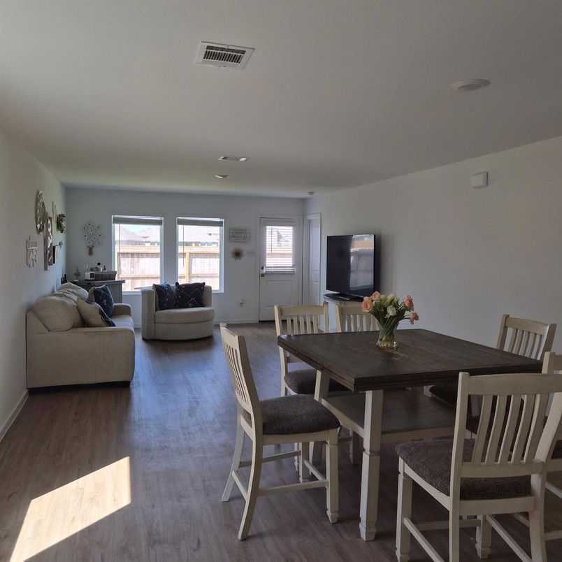 Dining room, Interior, Living room, Recessed Lighting, Wood Texture Flooring