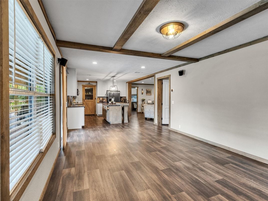Empty room, Interior, Kitchen, Pendant Lights, Recessed Lighting, Wooden Beams, Wood Texture Flooring