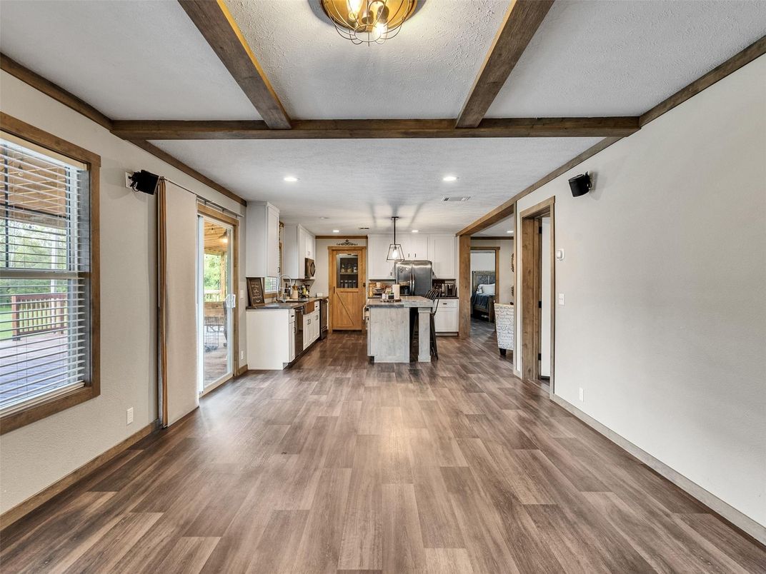 Interior, Kitchen, Recessed Lighting, Wooden Beams, Wood Texture Flooring