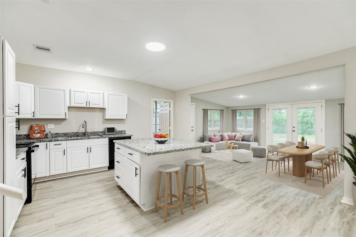 Dining room, Interior, Kitchen, Living room, Recessed Lighting, Wood Texture Flooring