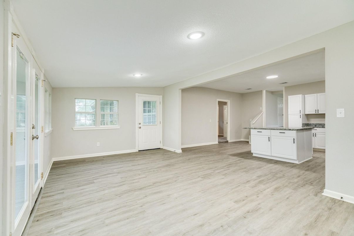 Empty room, Interior, Kitchen, Recessed Lighting, Wood Texture Flooring