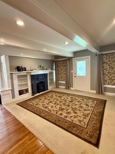 Empty room, Fireplace, Interior, Recessed Lighting, Wood Texture Flooring