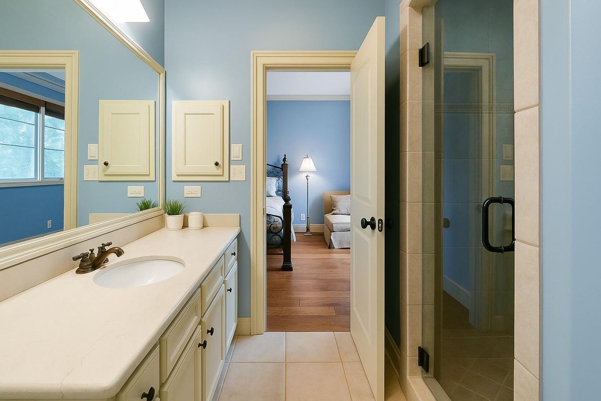 Bathroom, Dual Sink Vanities, Glass Shower, Interior, Wood Texture Flooring