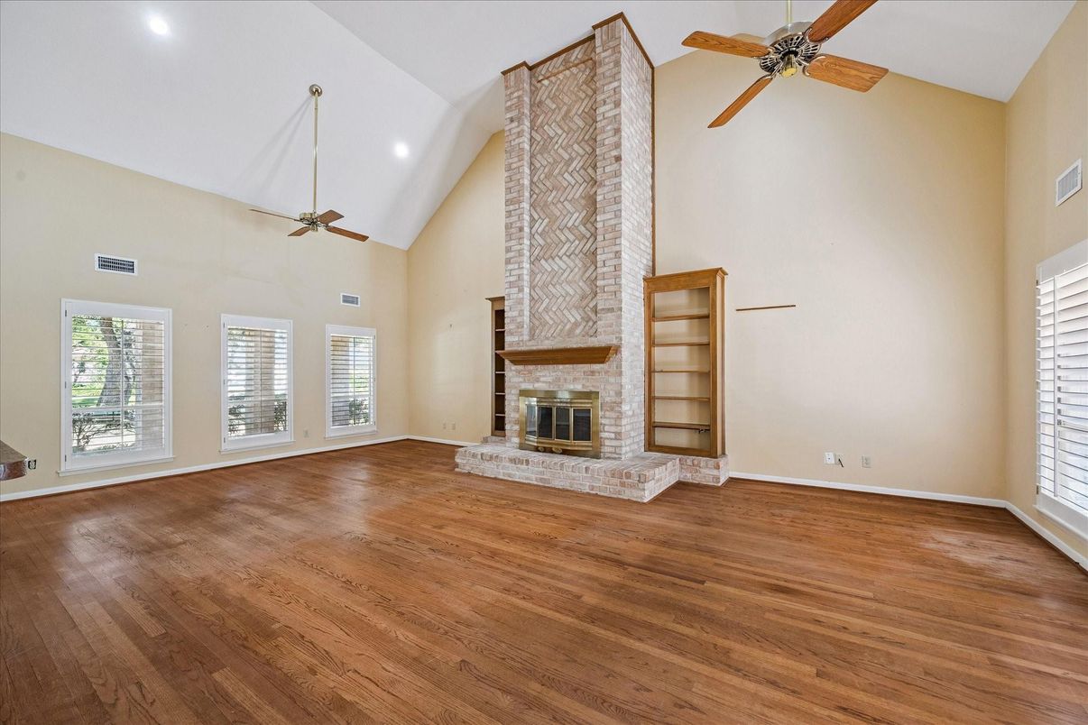 Empty room, Fireplace, Interior, Recessed Lighting, Wood Texture Flooring