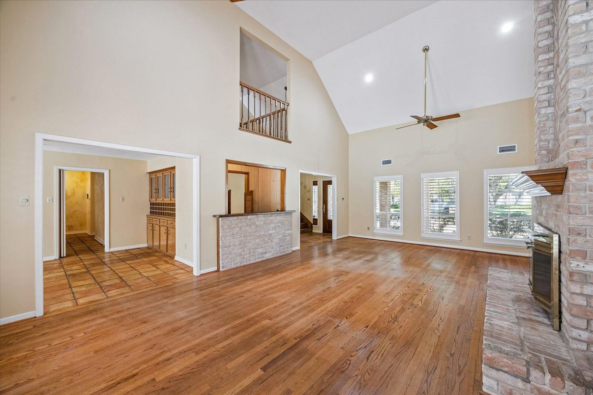 Empty room, Fireplace, Interior, Recessed Lighting, Wood Texture Flooring