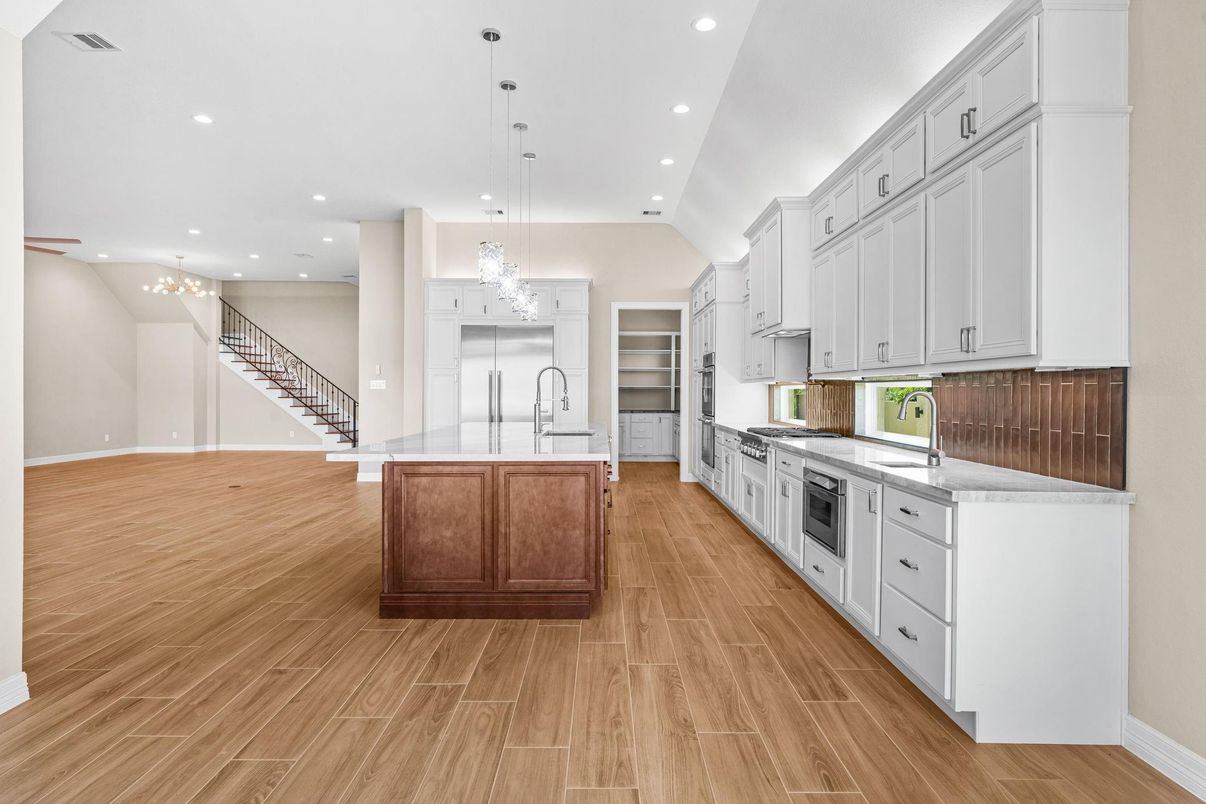 Interior, Kitchen, Pendant Lights, Recessed Lighting, Wood Texture Flooring