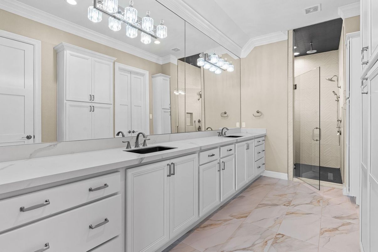 Bathroom, Dual Sink Vanities, Glass Shower, Interior, Marble, Recessed Lighting