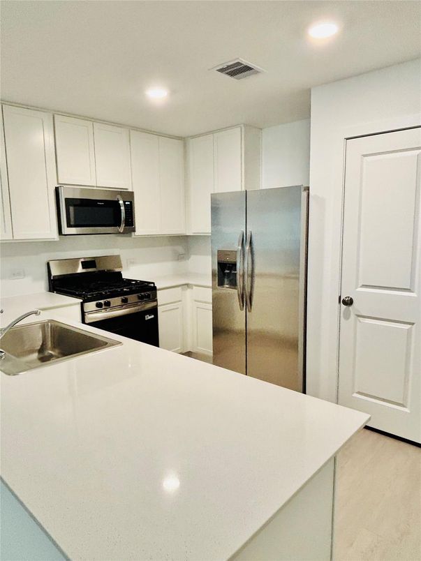 Interior, Kitchen, Recessed Lighting, Stainless Steel Appliances, Wood Texture Flooring