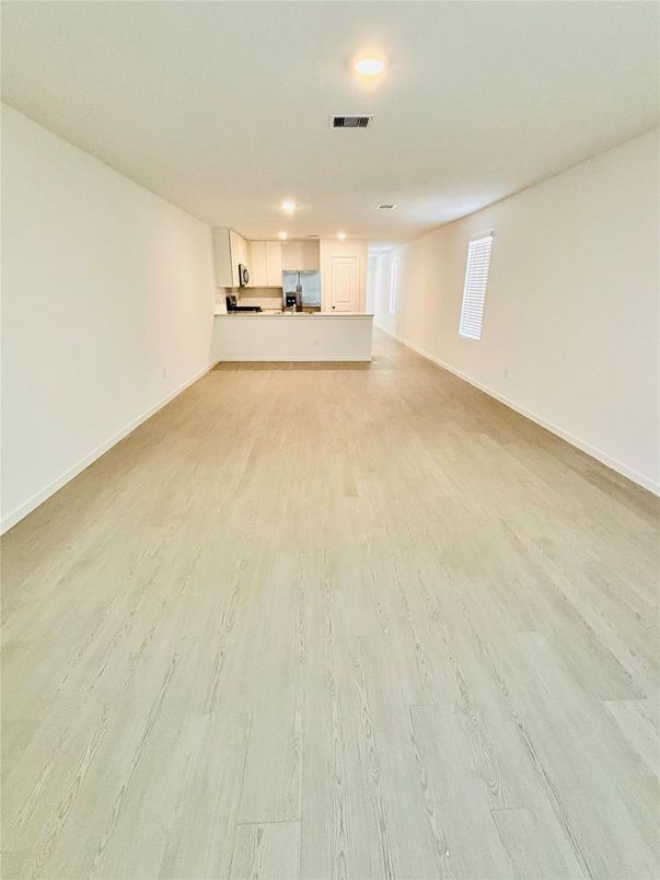 Empty room, Interior, Kitchen, Recessed Lighting, Wood Texture Flooring