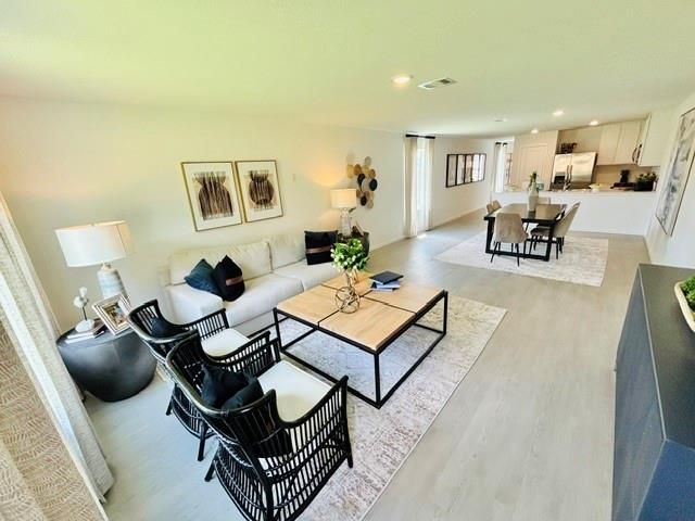 Dining room, Interior, Kitchen, Living room, Recessed Lighting, Wood Texture Flooring