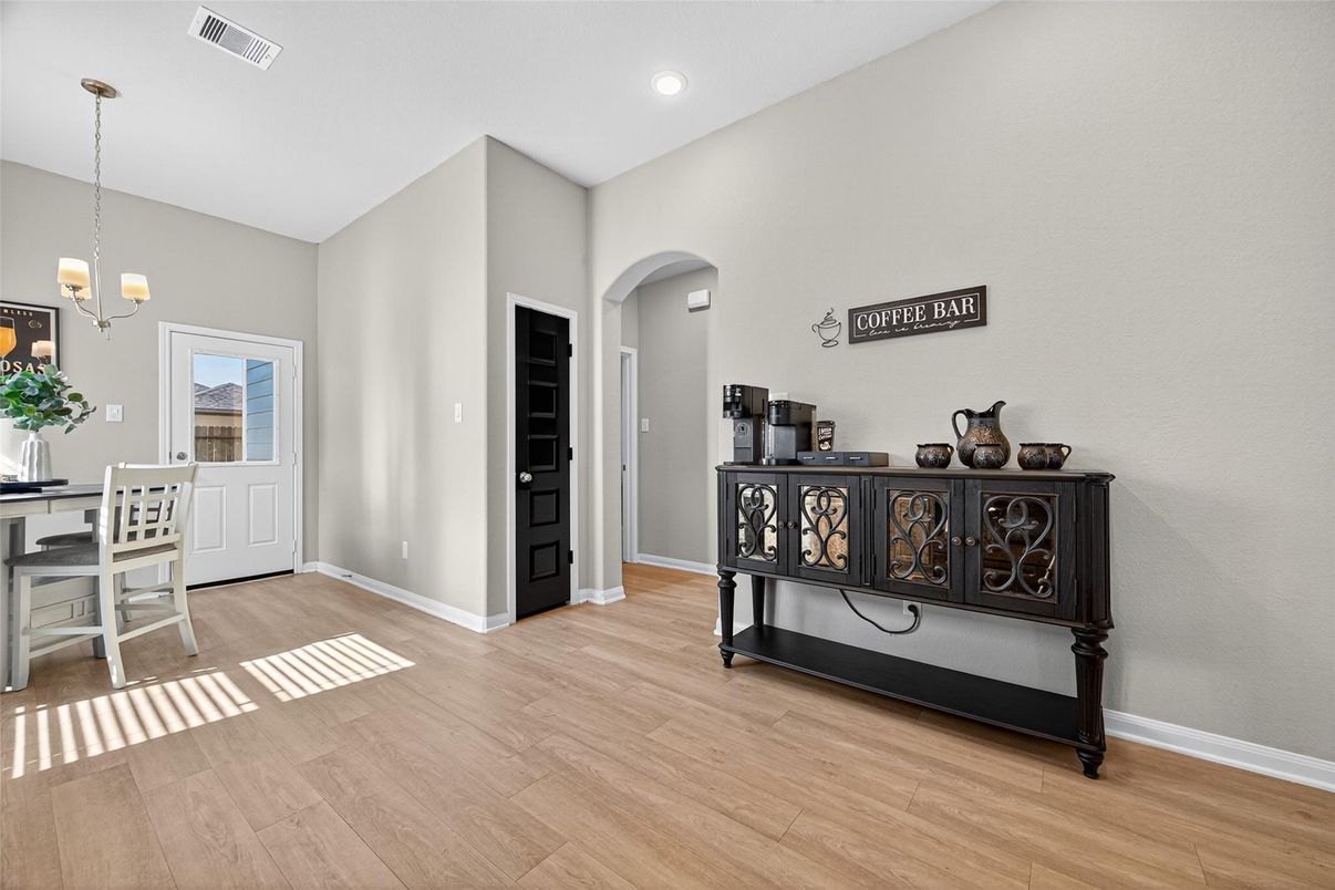Chandelier, Home Office, Interior, Pendant Lights, Recessed Lighting, Wood Texture Flooring