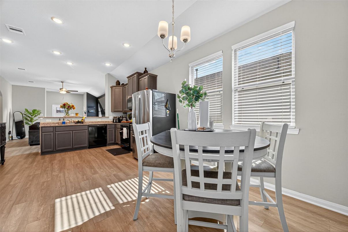 Dining room, Interior, Kitchen, Pendant Lights, Recessed Lighting, Wood Texture Flooring